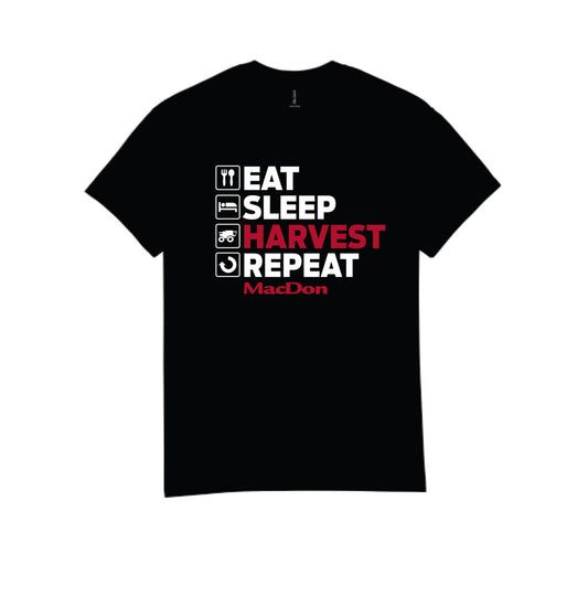 Black t-shirt with 'Eat Sleep Harvest Repeat' text design on a white background