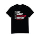 Black t-shirt with 'Eat Sleep Harvest Repeat' text design on a white background