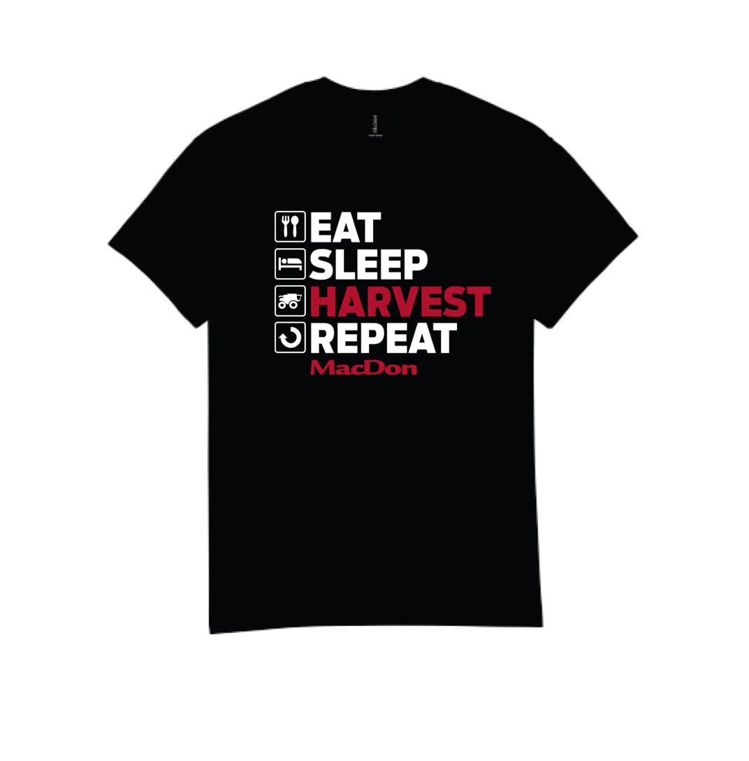 Black t-shirt with 'Eat Sleep Harvest Repeat' text design on a white background